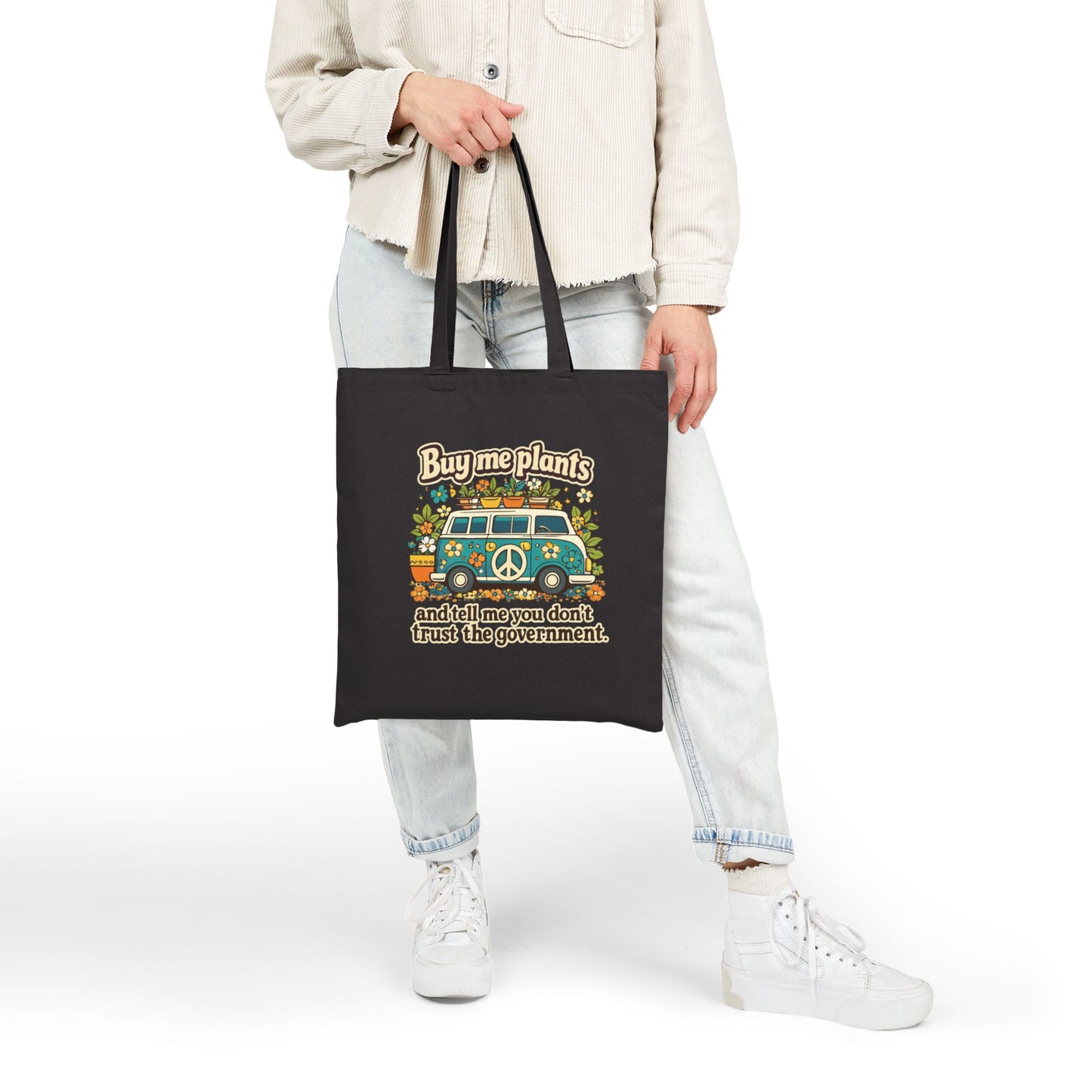 Buy Me Plants and Tell Me You Dont Trust the Government canvas tote bag | Plant Lover tote, hippie peace bus