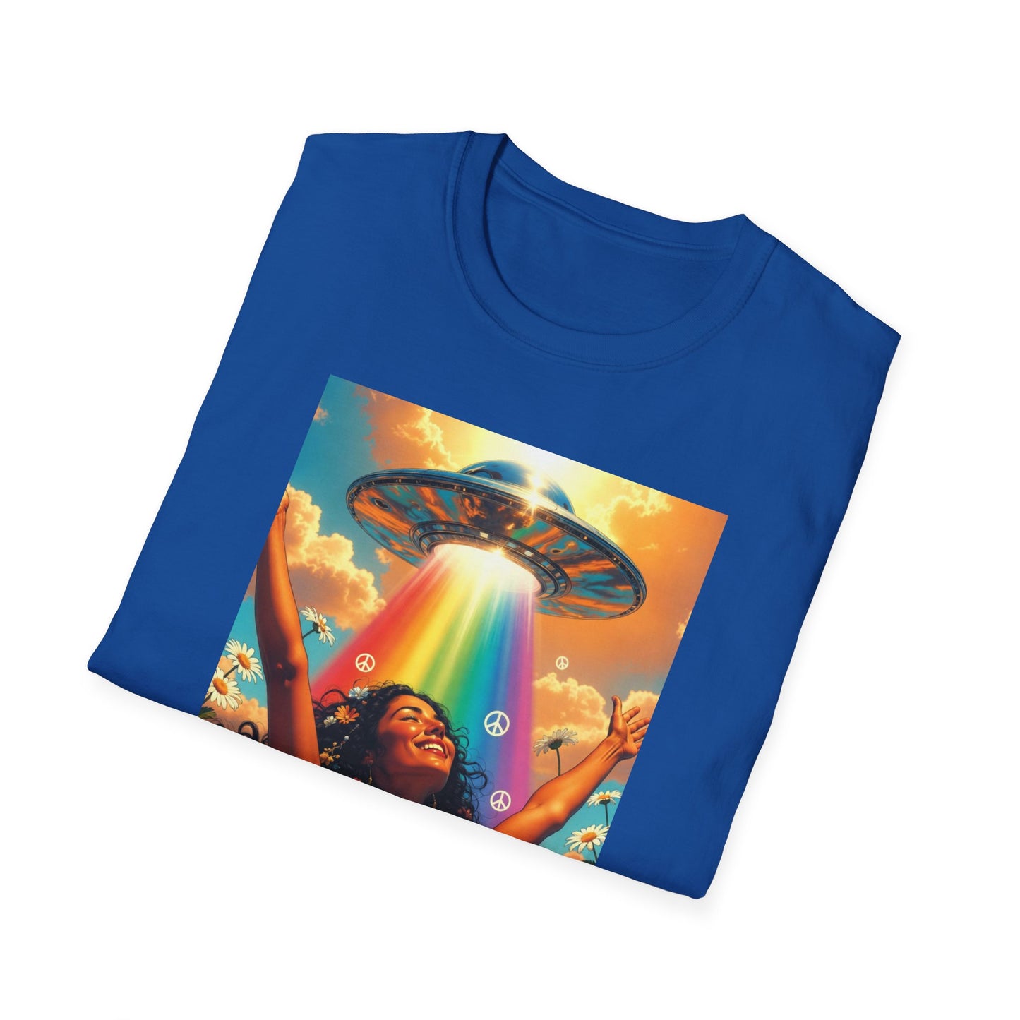 Rainbow UFO Abduction Girl T-Shirt | Psychedelic Daisy Field Print