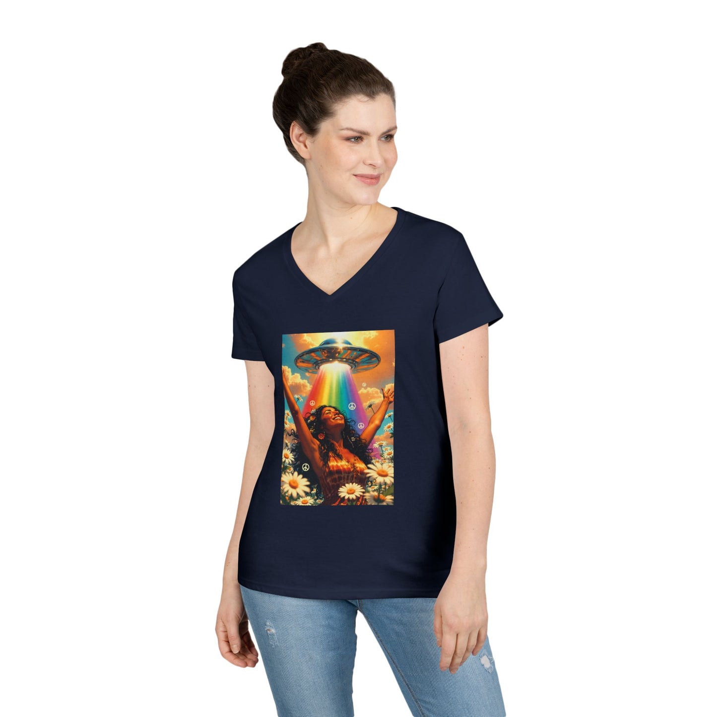 Alien Abduction Hippie Woman V-Neck T-Shirt | UFO Psychedelic Flower Power