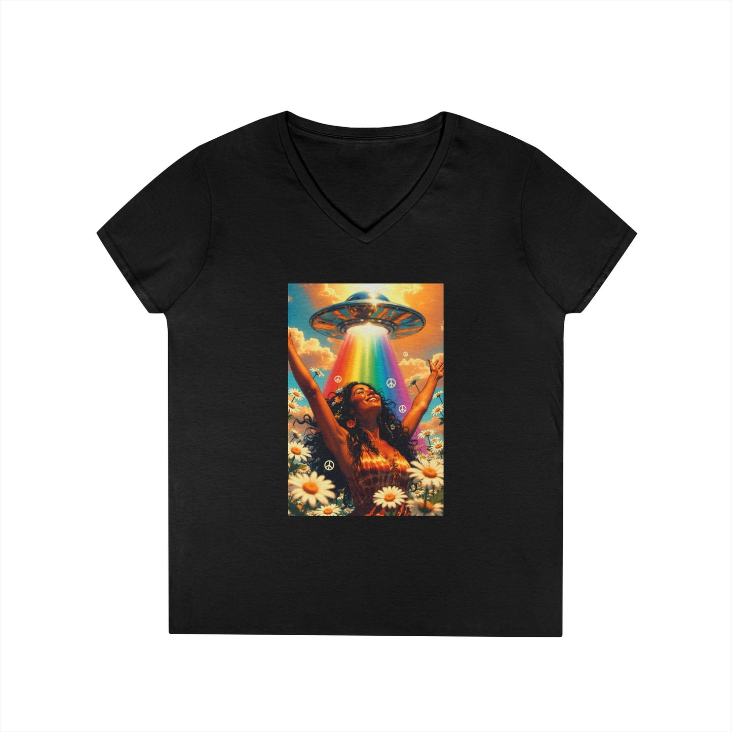 Alien Abduction Hippie Woman V-Neck T-Shirt | UFO Psychedelic Flower Power