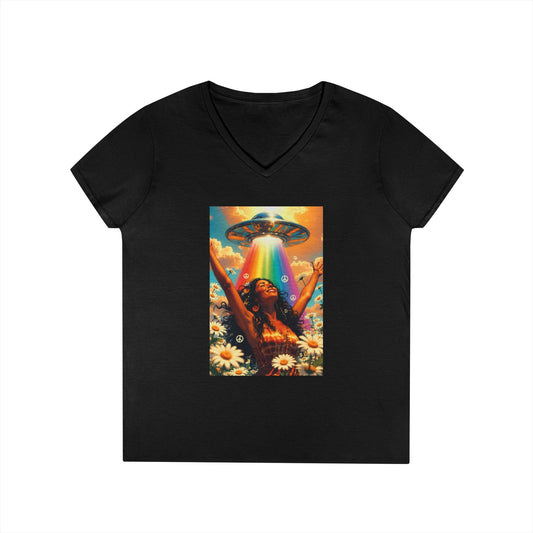 Alien Abduction Hippie Woman V-Neck T-Shirt | UFO Psychedelic Flower Power