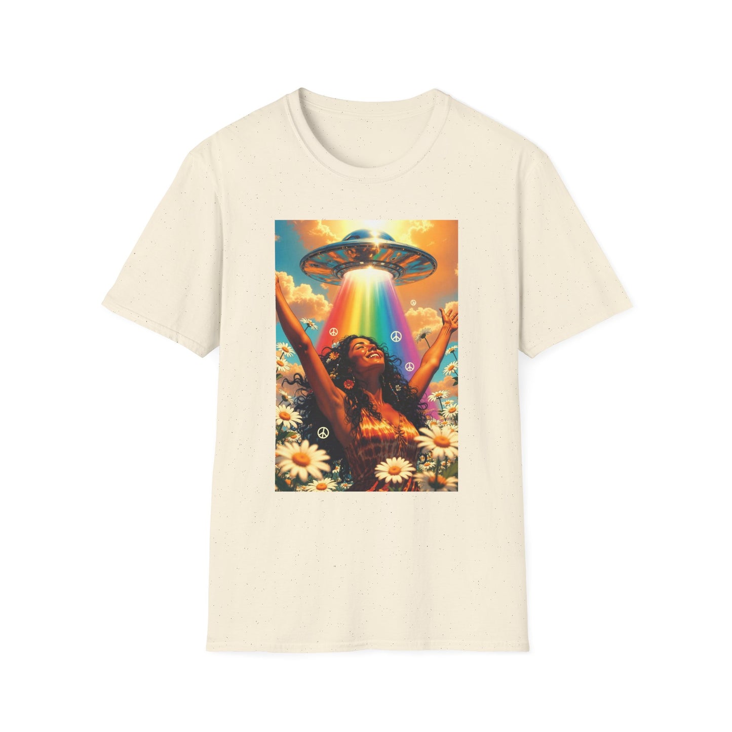 Rainbow UFO Abduction Girl T-Shirt | Psychedelic Daisy Field Print