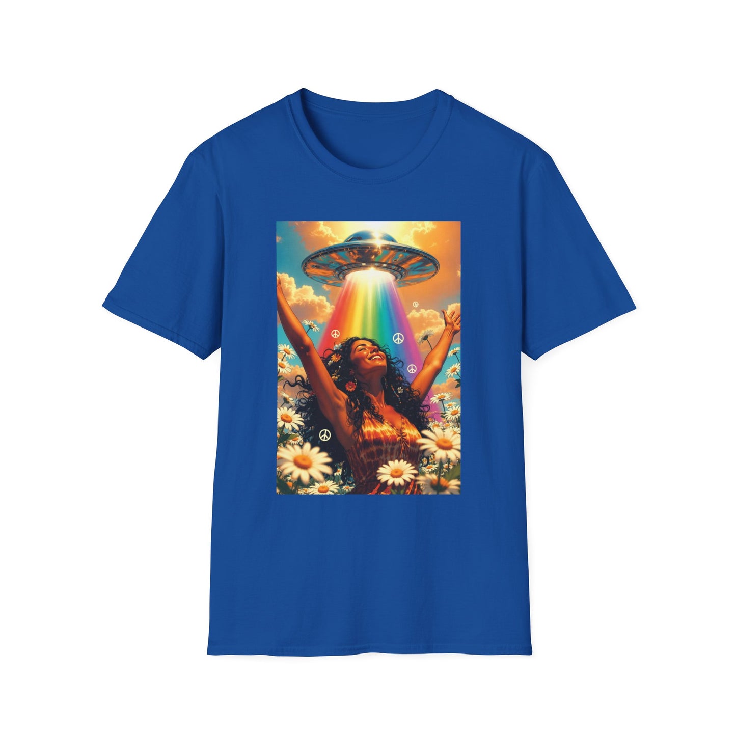 Rainbow UFO Abduction Girl T-Shirt | Psychedelic Daisy Field Print