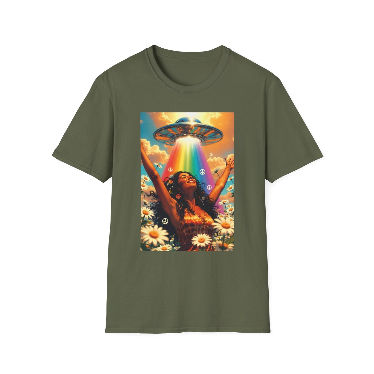 Rainbow UFO Abduction Girl T-Shirt | Psychedelic Daisy Field Print