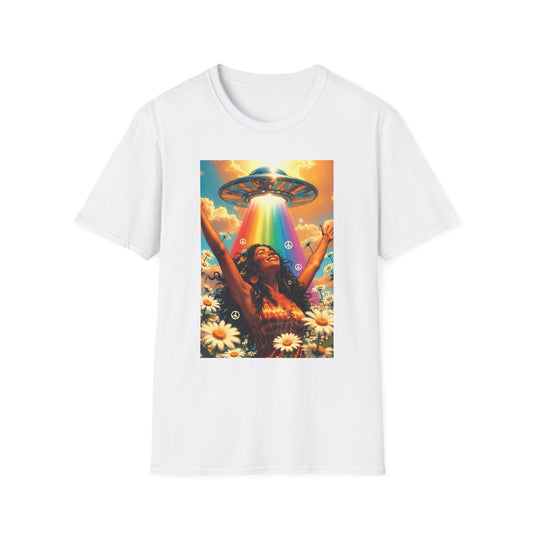 Rainbow UFO Abduction Girl T-Shirt | Psychedelic Daisy Field Print