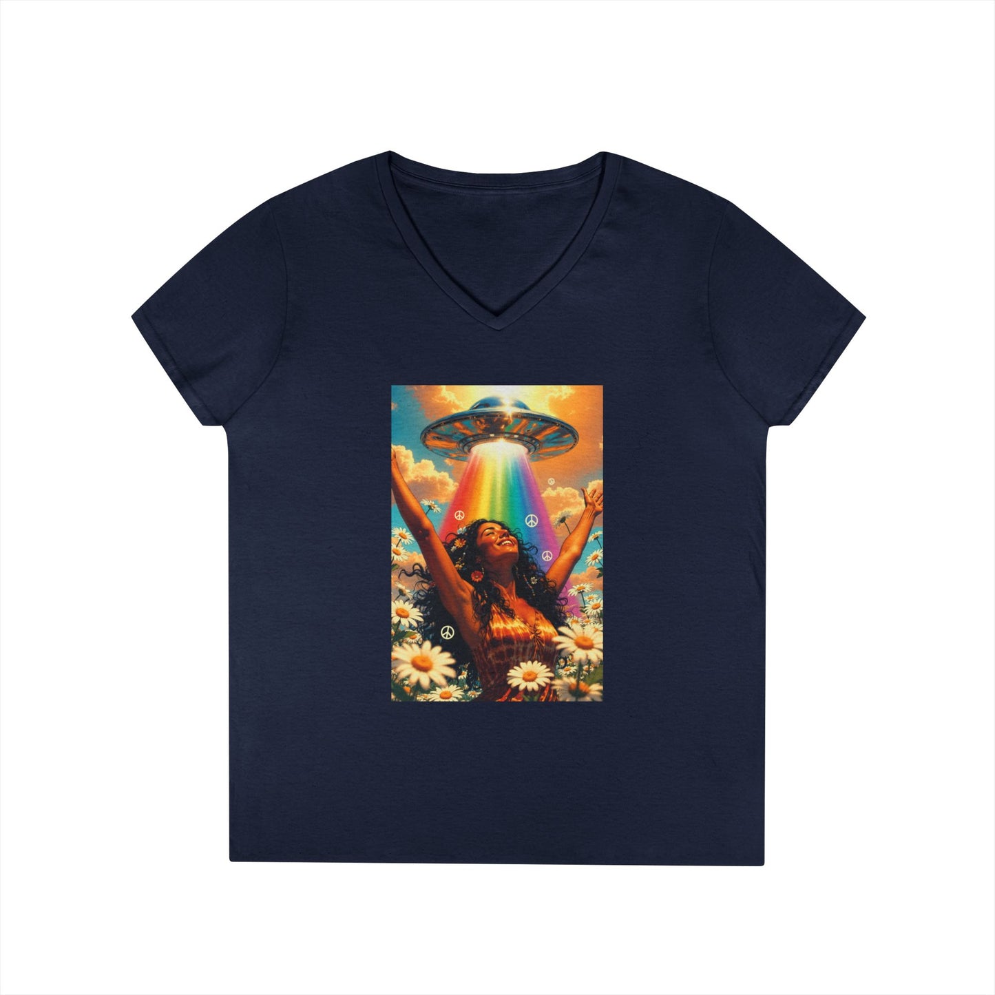 Alien Abduction Hippie Woman V-Neck T-Shirt | UFO Psychedelic Flower Power