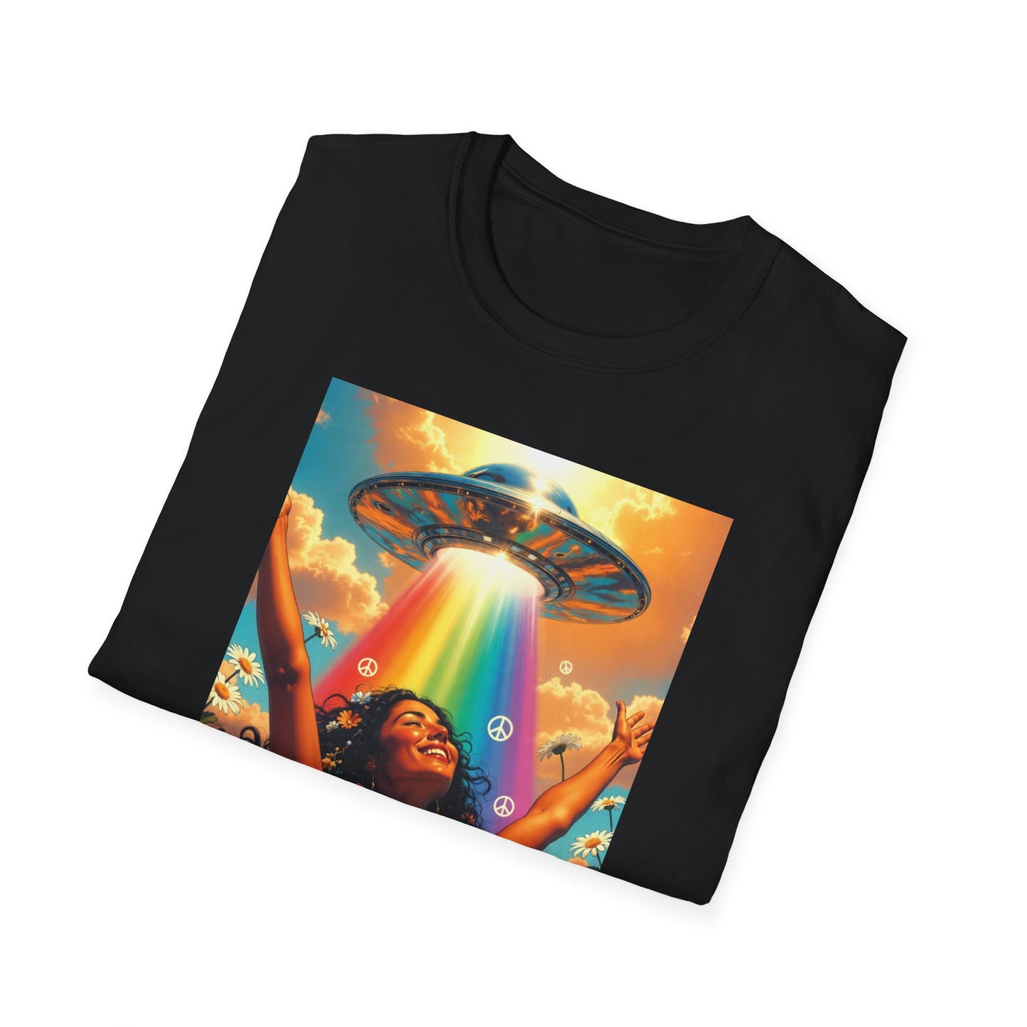 Rainbow UFO Abduction Girl T-Shirt | Psychedelic Daisy Field Print