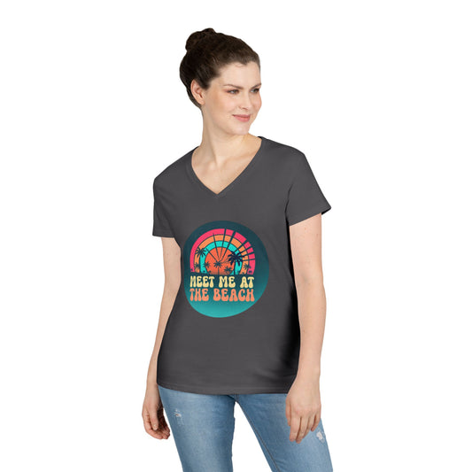 Meet Me At The Beach V‑Neck T‑Shirt — Retro Sunset Palm Tee for Women 100% Cotton