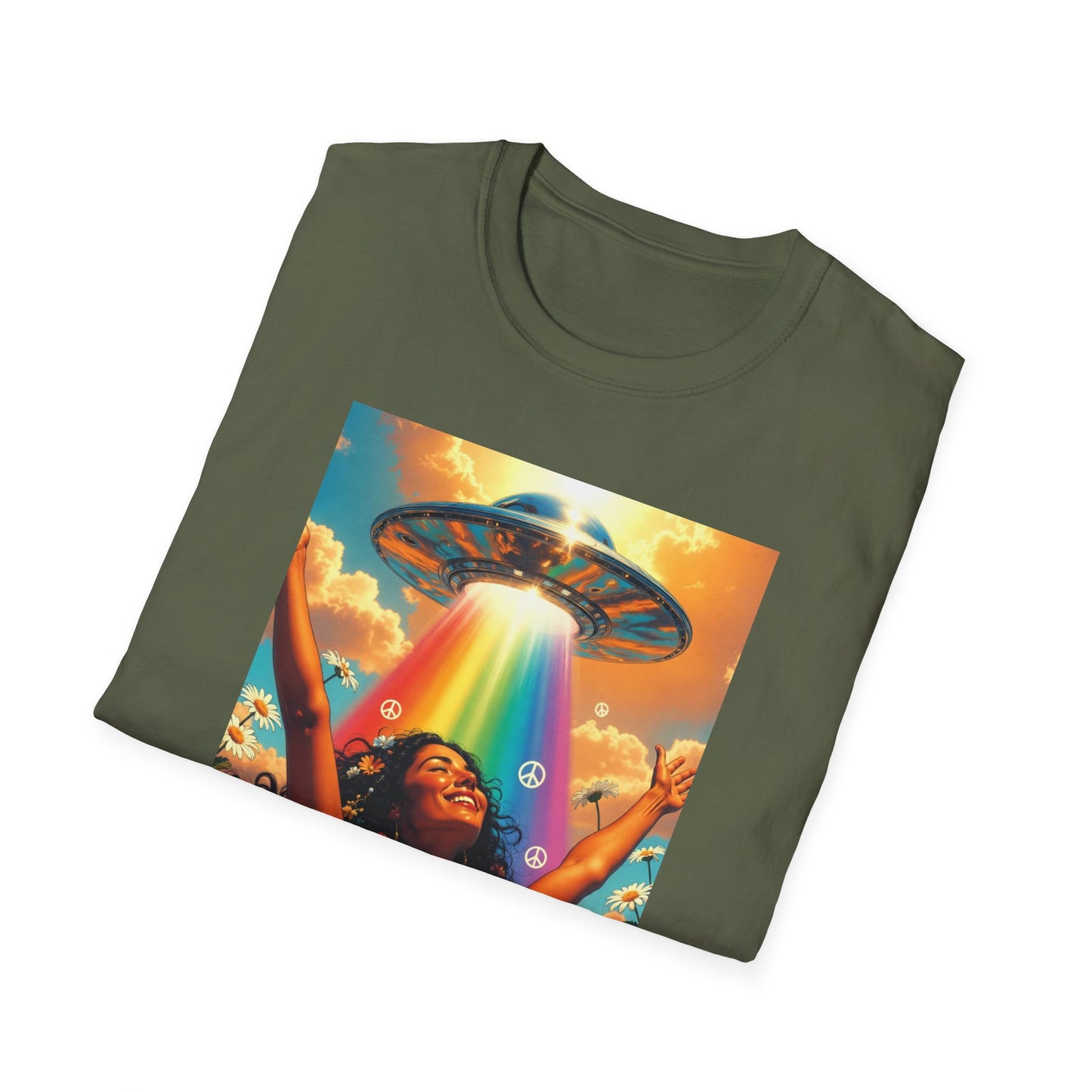 Rainbow UFO Abduction Girl T-Shirt | Psychedelic Daisy Field Print