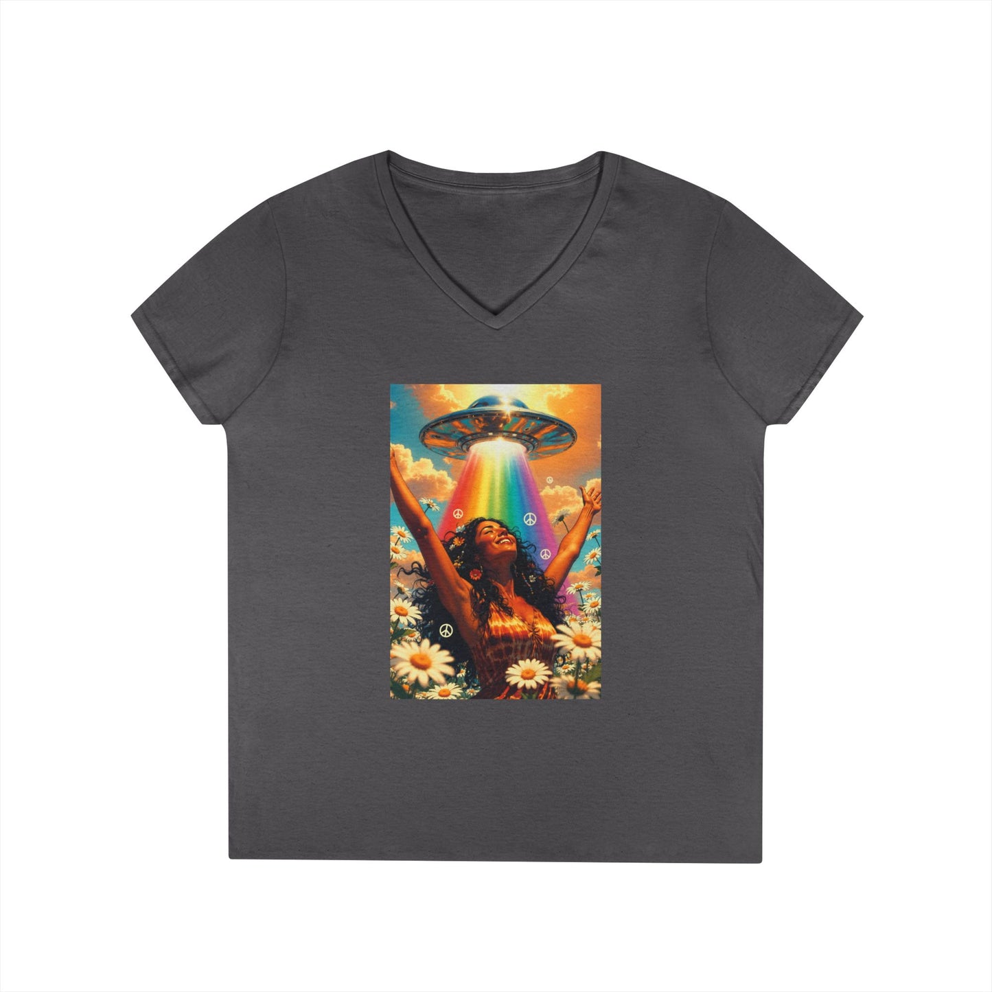 Alien Abduction Hippie Woman V-Neck T-Shirt | UFO Psychedelic Flower Power