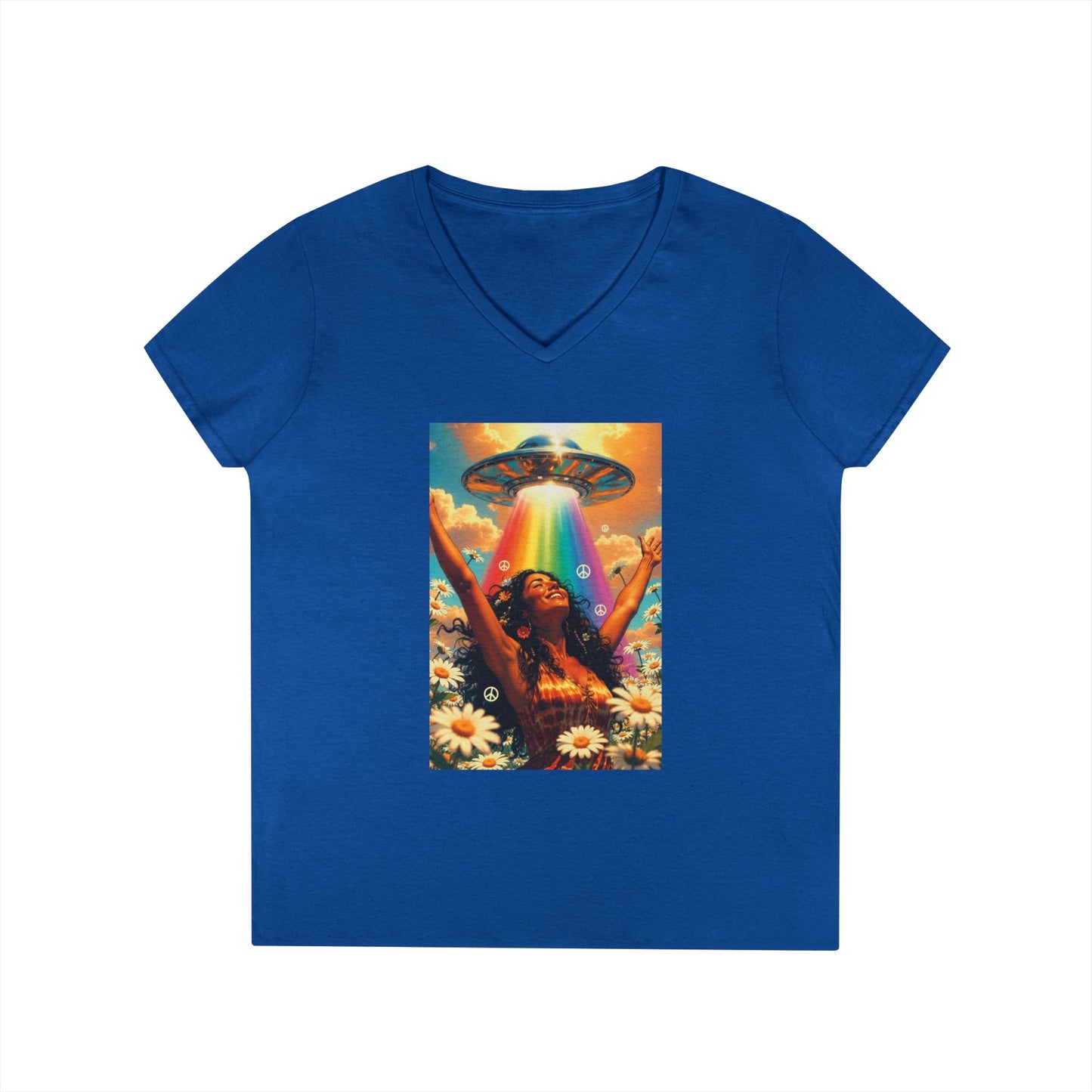 Alien Abduction Hippie Woman V-Neck T-Shirt | UFO Psychedelic Flower Power