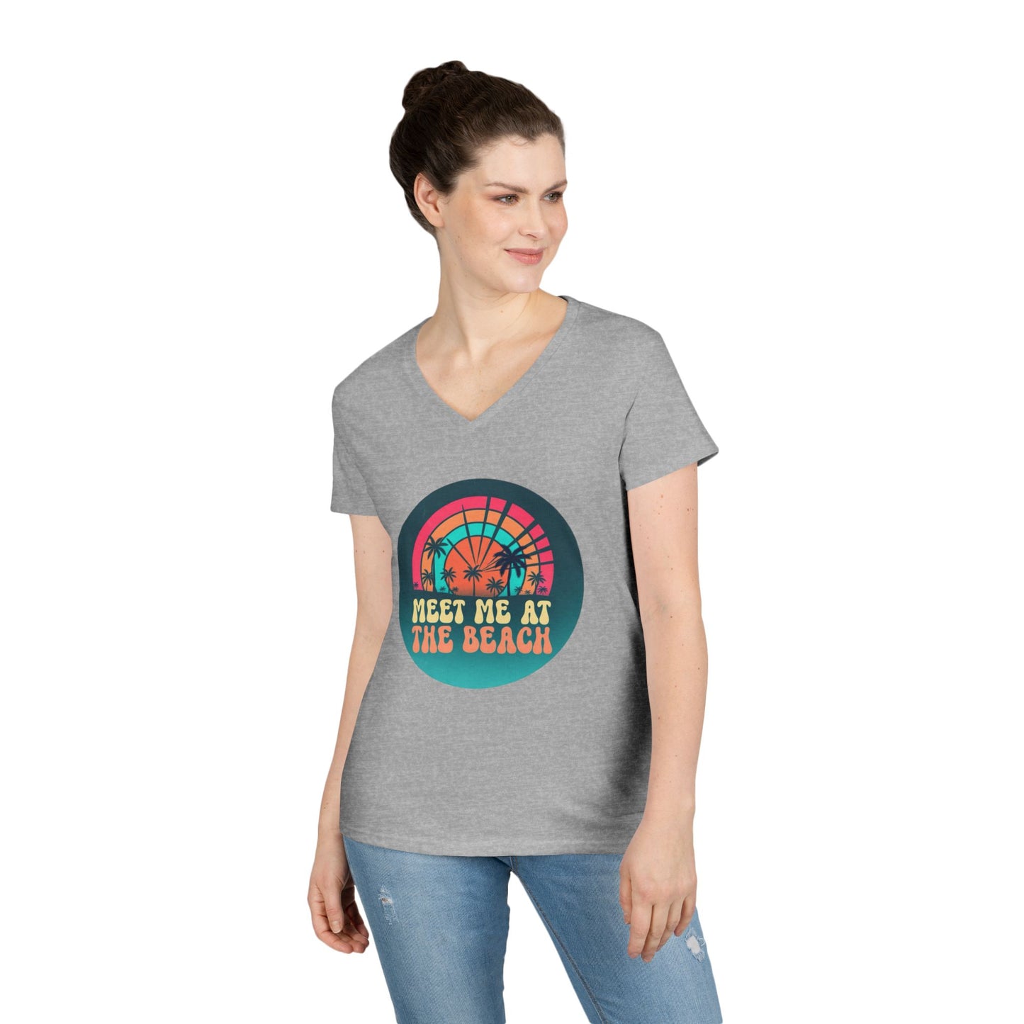 Meet Me At The Beach V‑Neck T‑Shirt — Retro Sunset Palm Tee for Women 100% Cotton