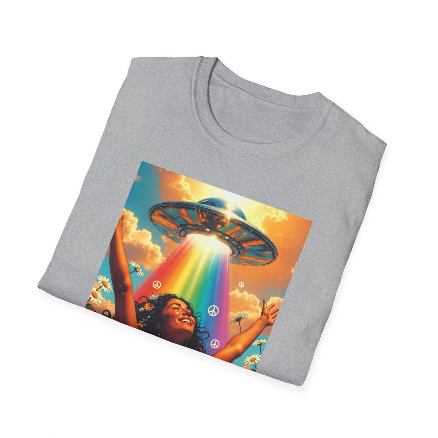 Rainbow UFO Abduction Girl T-Shirt | Psychedelic Daisy Field Print