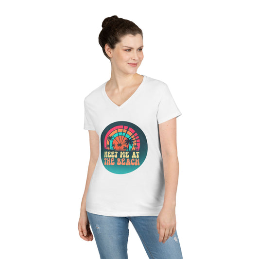 Meet Me At The Beach V‑Neck T‑Shirt — Retro Sunset Palm Tee for Women 100% Cotton