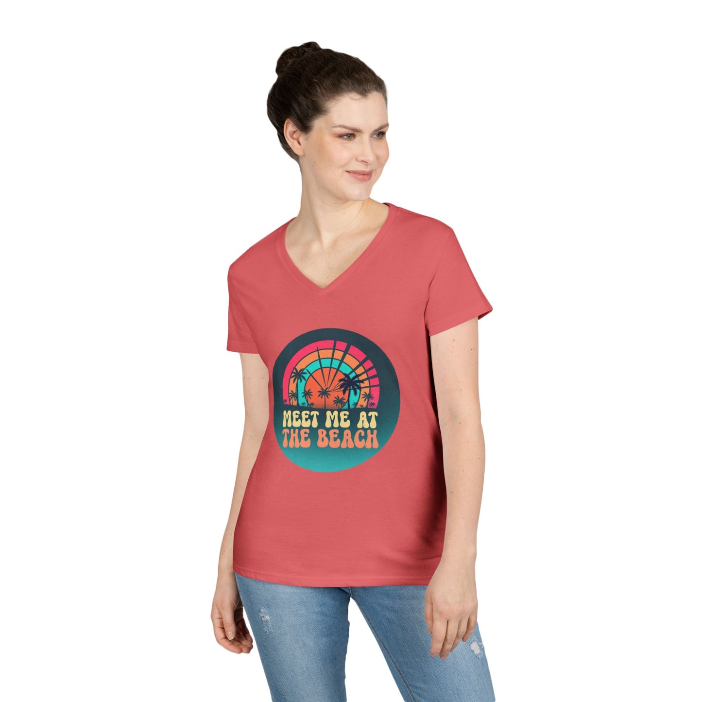 Meet Me At The Beach V‑Neck T‑Shirt — Retro Sunset Palm Tee for Women 100% Cotton