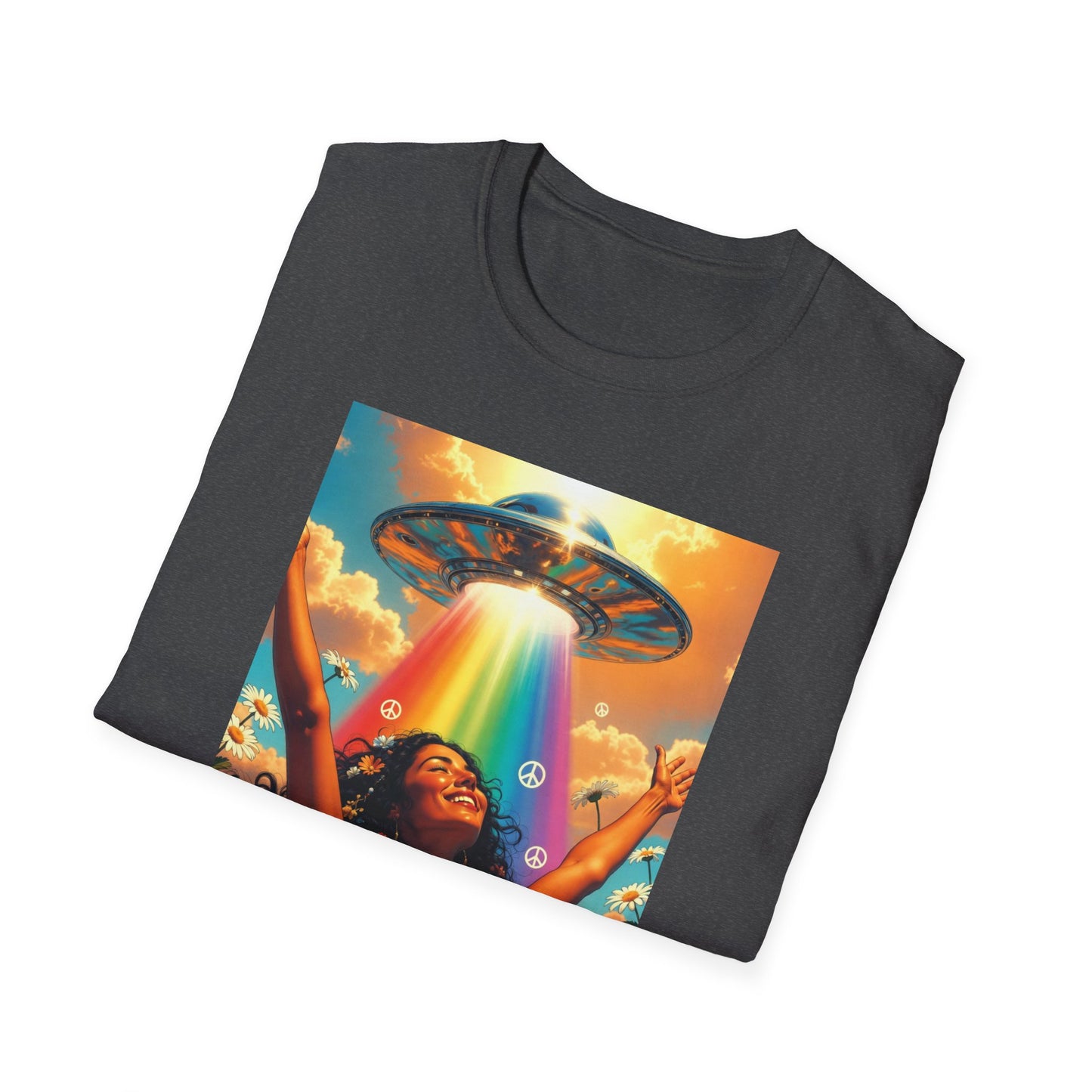 Rainbow UFO Abduction Girl T-Shirt | Psychedelic Daisy Field Print