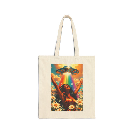 Alien Abduction Hippie Woman 100% Cotton Canvas Tote Bag - UFO Rainbow | Psychedelic Retro Art