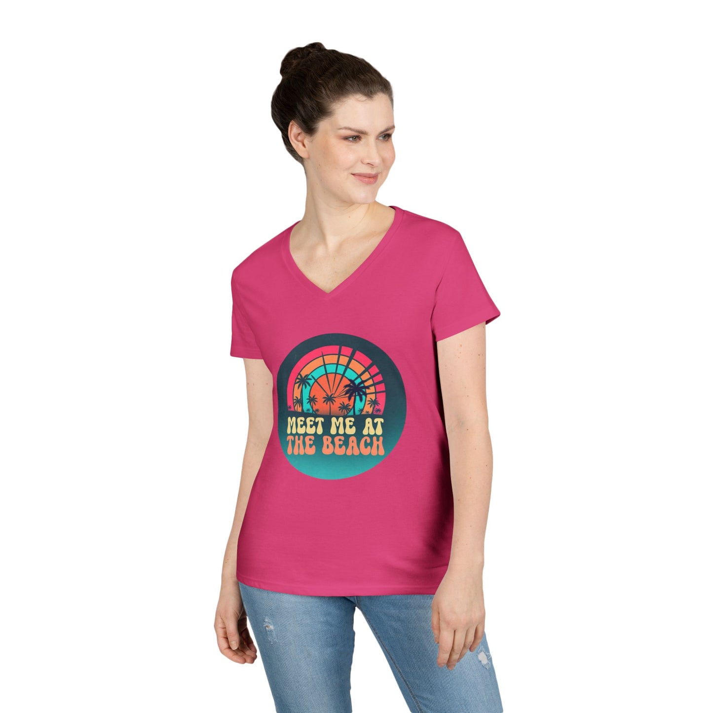 Meet Me At The Beach V‑Neck T‑Shirt — Retro Sunset Palm Tee for Women 100% Cotton