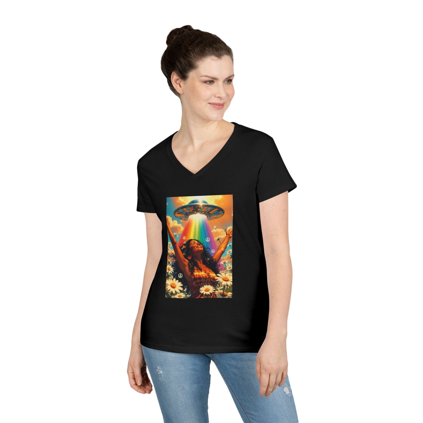 Alien Abduction Hippie Woman V-Neck T-Shirt | UFO Psychedelic Flower Power