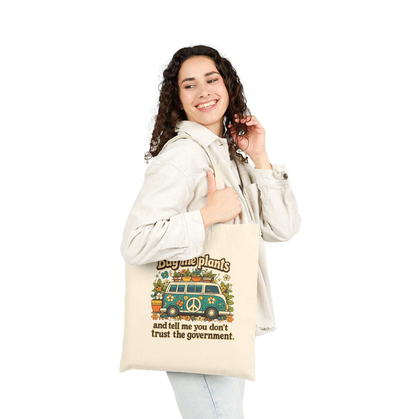 Buy Me Plants and Tell Me You Dont Trust the Government canvas tote bag | Plant Lover tote, hippie peace bus