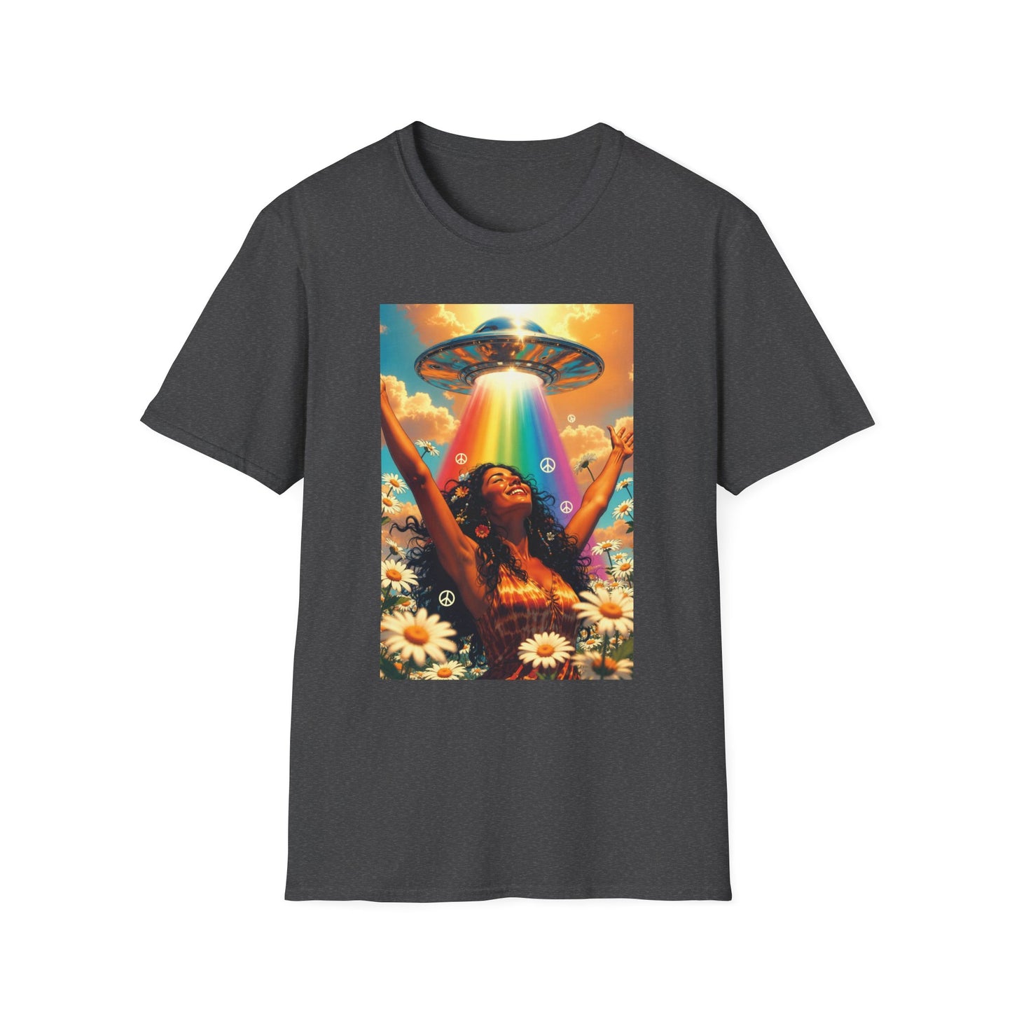 Rainbow UFO Abduction Girl T-Shirt | Psychedelic Daisy Field Print