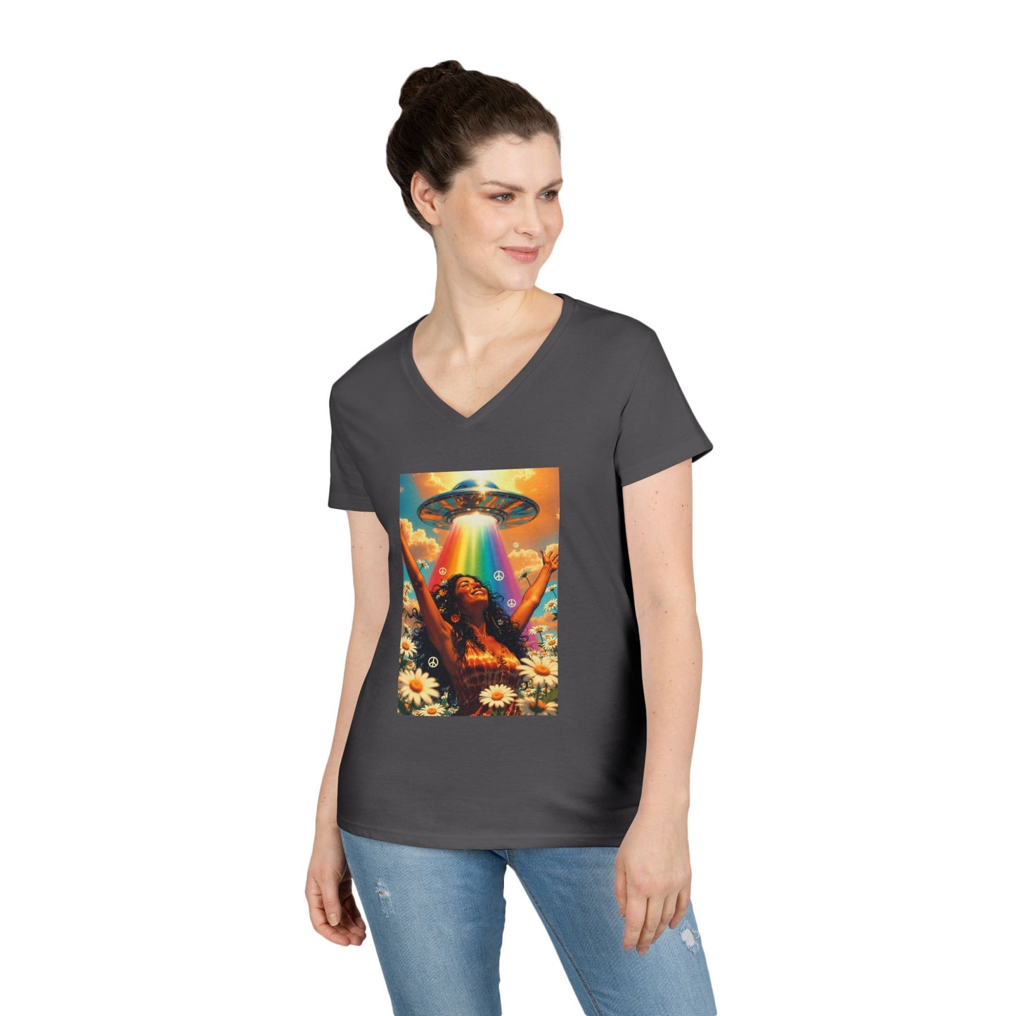 Alien Abduction Hippie Woman V-Neck T-Shirt | UFO Psychedelic Flower Power