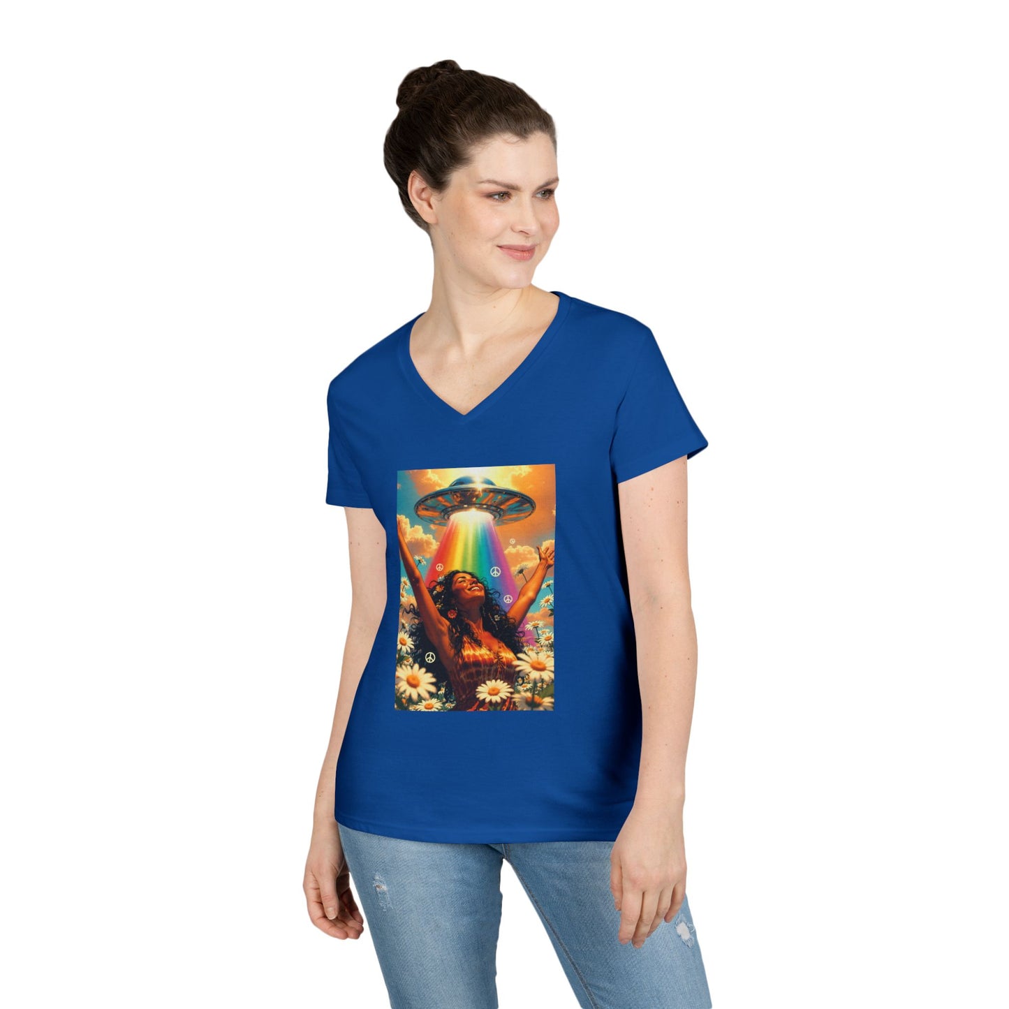 Alien Abduction Hippie Woman V-Neck T-Shirt | UFO Psychedelic Flower Power