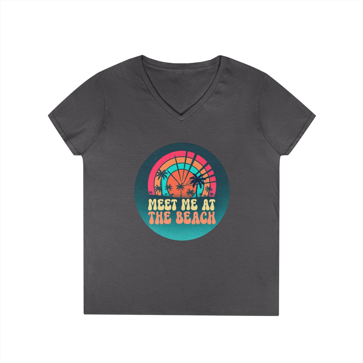 Meet Me At The Beach V‑Neck T‑Shirt — Retro Sunset Palm Tee for Women 100% Cotton