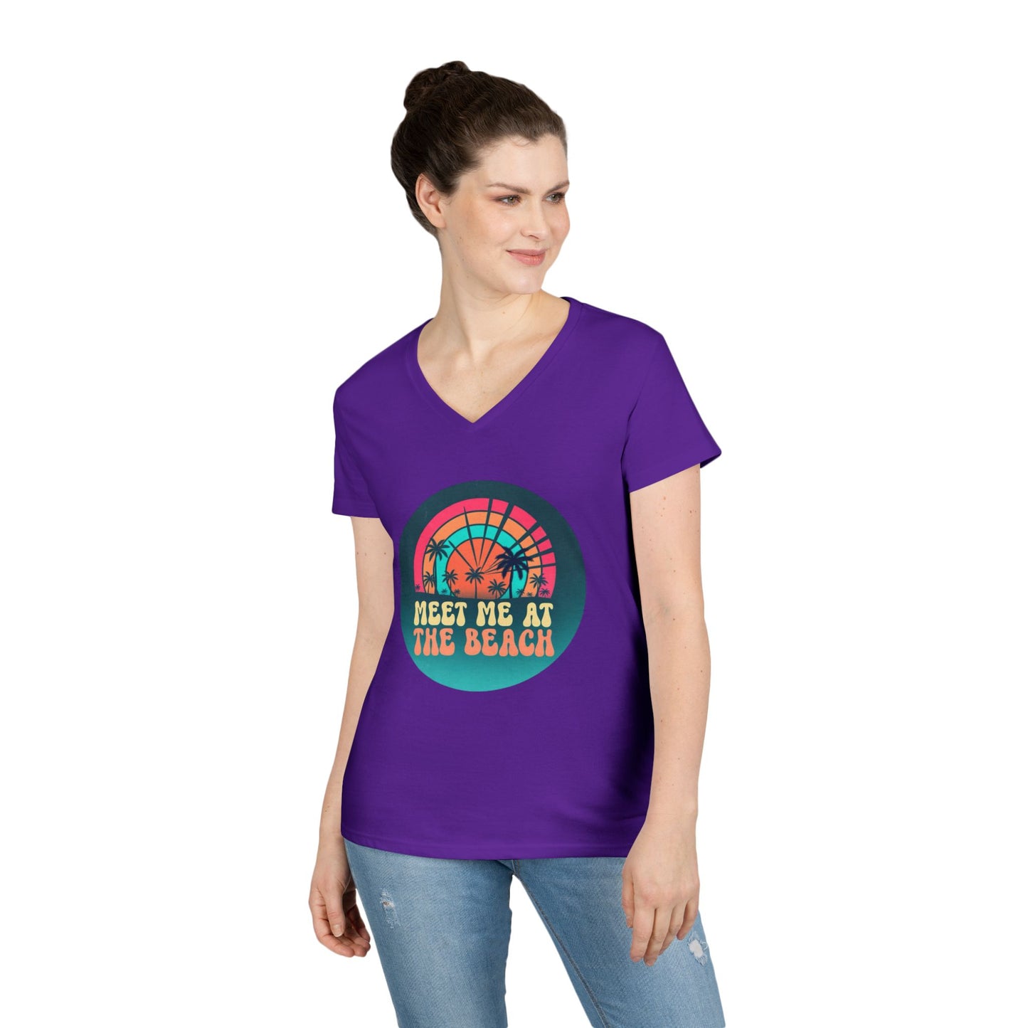 Meet Me At The Beach V‑Neck T‑Shirt — Retro Sunset Palm Tee for Women 100% Cotton