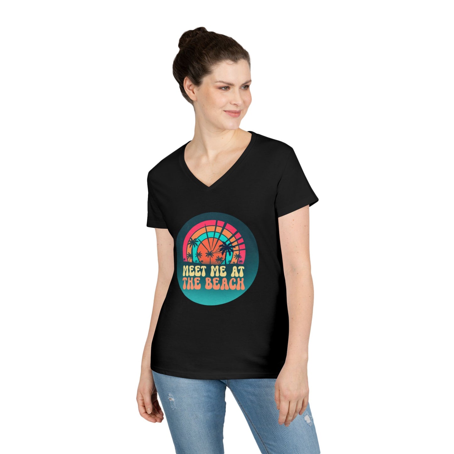 Meet Me At The Beach V‑Neck T‑Shirt — Retro Sunset Palm Tee for Women 100% Cotton