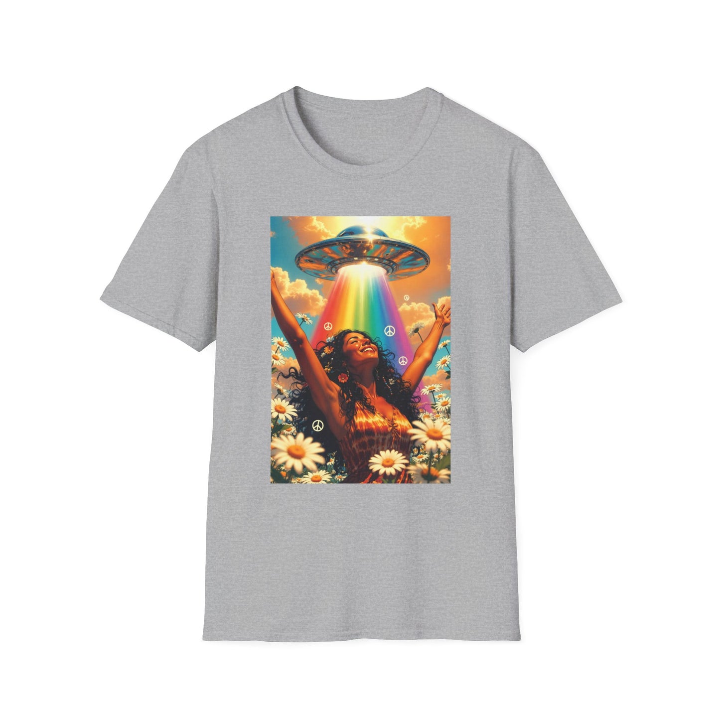 Rainbow UFO Abduction Girl T-Shirt | Psychedelic Daisy Field Print