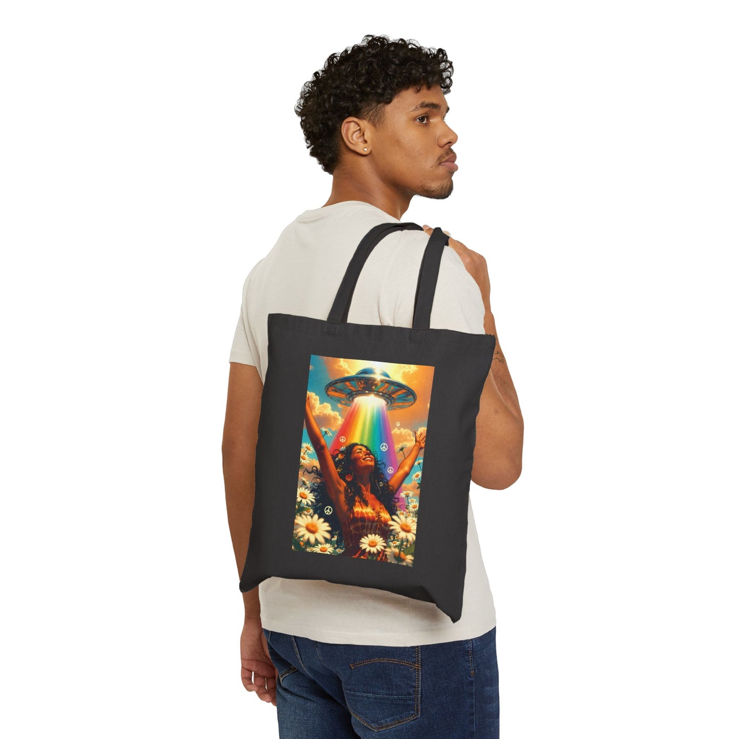 Alien Abduction Hippie Woman 100% Cotton Canvas Tote Bag - UFO Rainbow | Psychedelic Retro Art