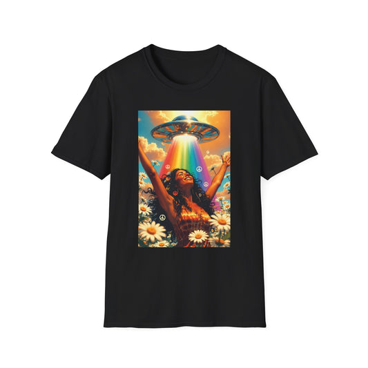 Rainbow UFO Abduction Girl T-Shirt | Psychedelic Daisy Field Print