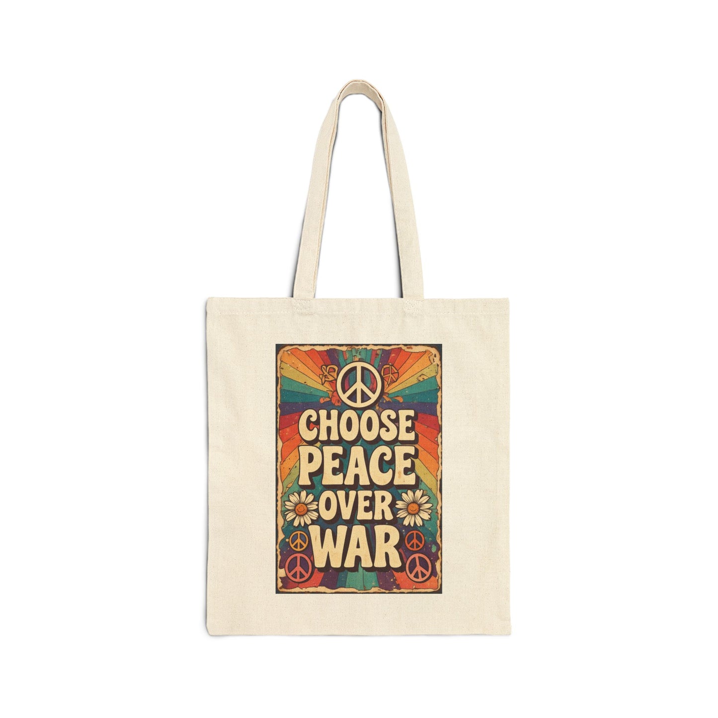 Choose Peace Over War Tote Bag | Retro Hippie Peace Sign Canvas