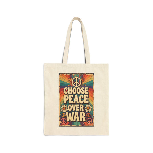 Choose Peace Over War Tote Bag | Retro Hippie Peace Sign Canvas