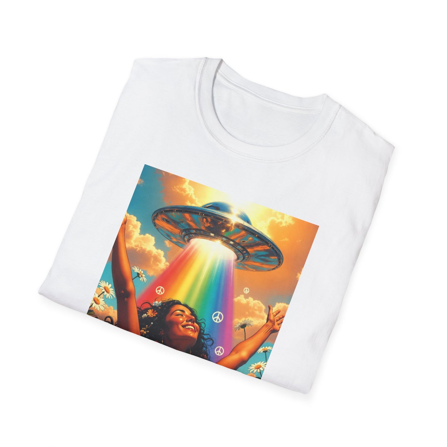 Rainbow UFO Abduction Girl T-Shirt | Psychedelic Daisy Field Print