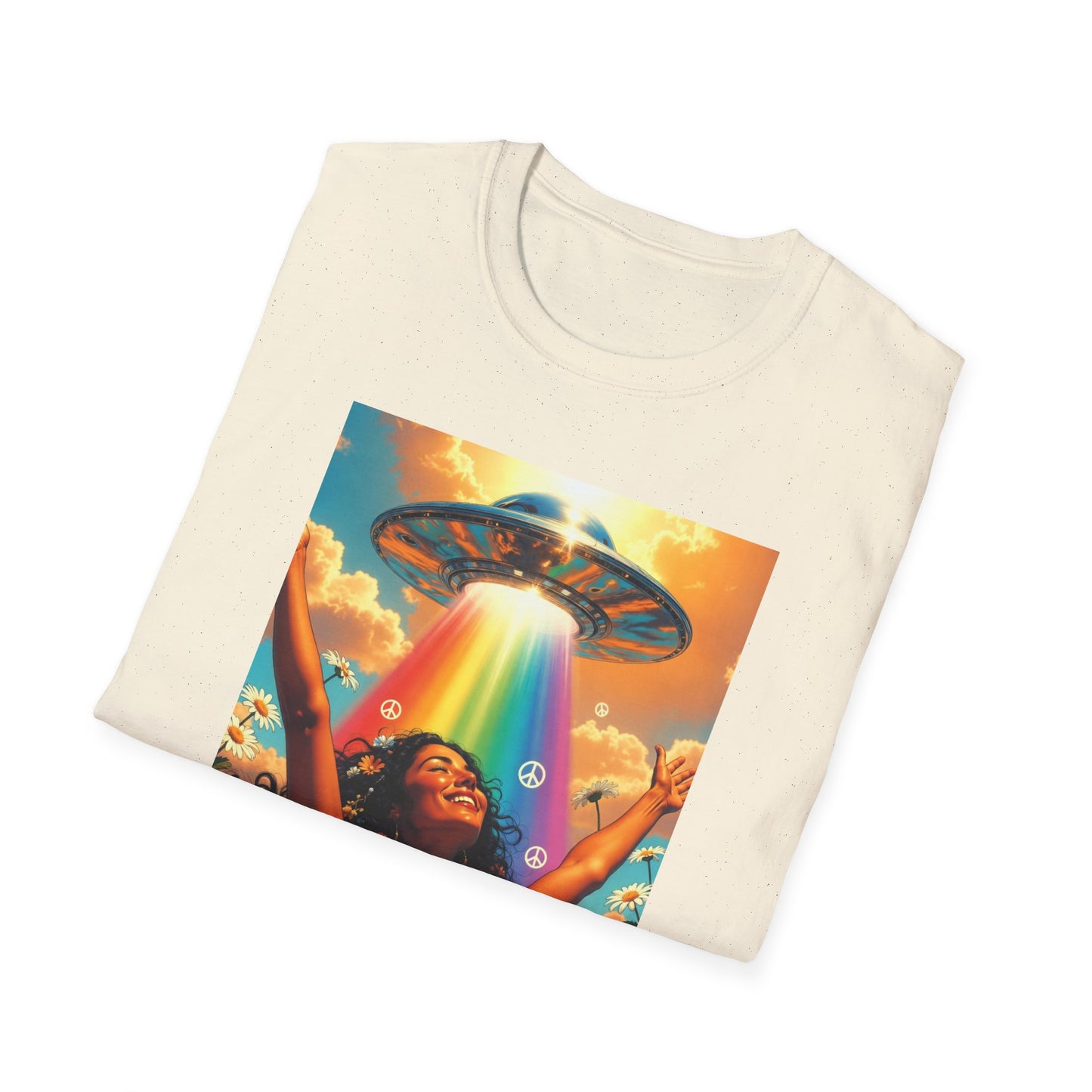 Rainbow UFO Abduction Girl T-Shirt | Psychedelic Daisy Field Print