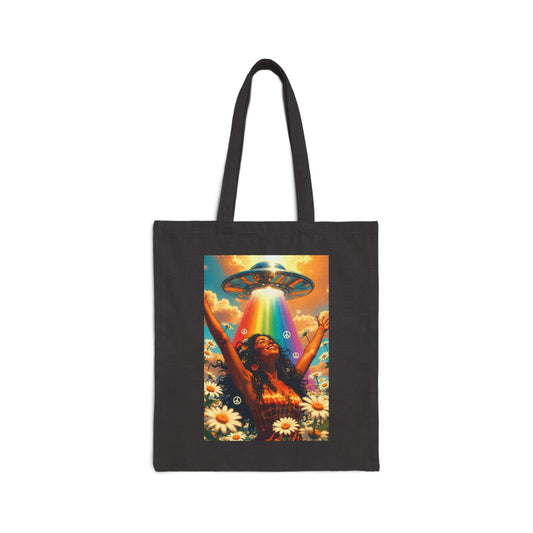 Alien Abduction Hippie Woman 100% Cotton Canvas Tote Bag - UFO Rainbow | Psychedelic Retro Art