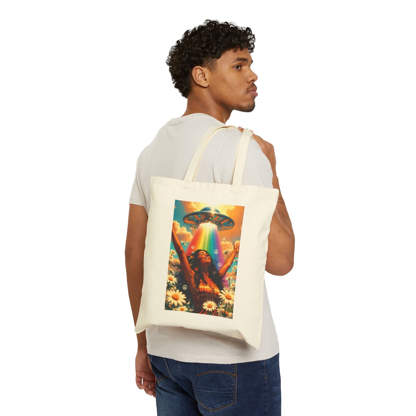 Alien Abduction Hippie Woman 100% Cotton Canvas Tote Bag - UFO Rainbow | Psychedelic Retro Art