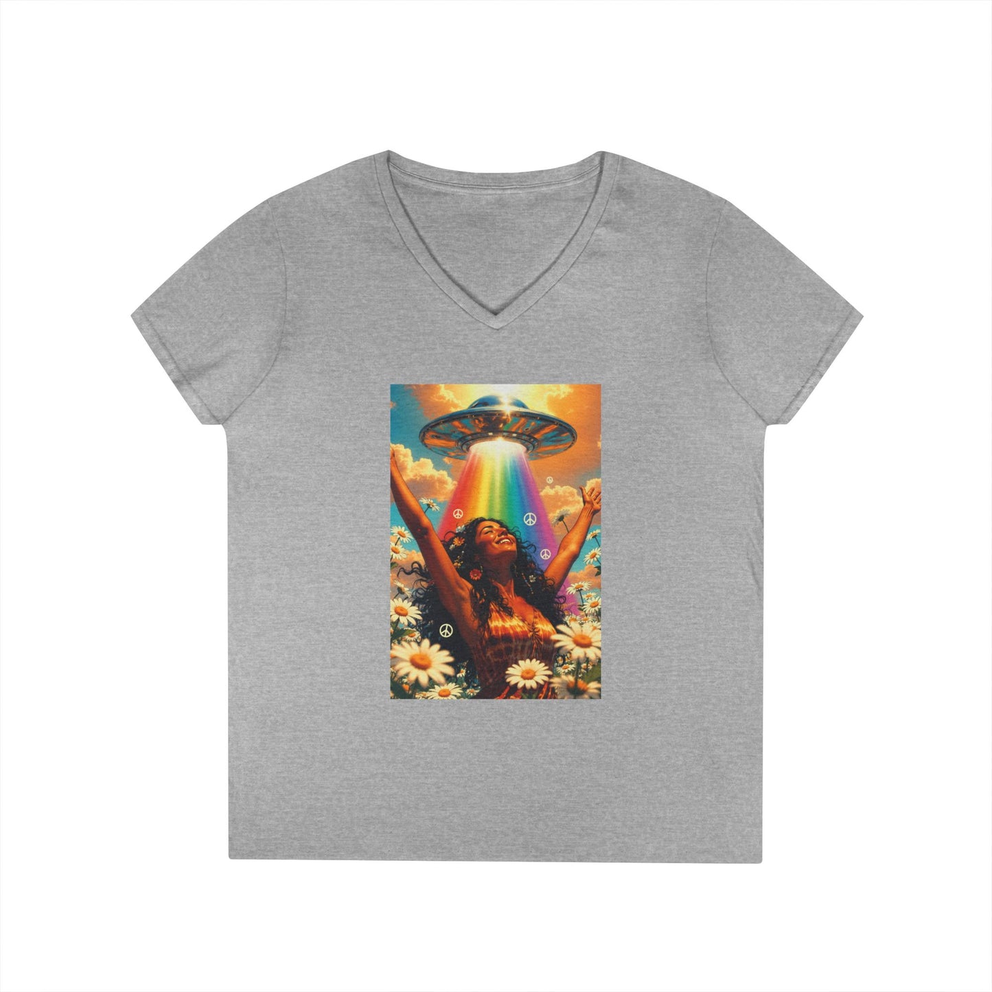 Alien Abduction Hippie Woman V-Neck T-Shirt | UFO Psychedelic Flower Power