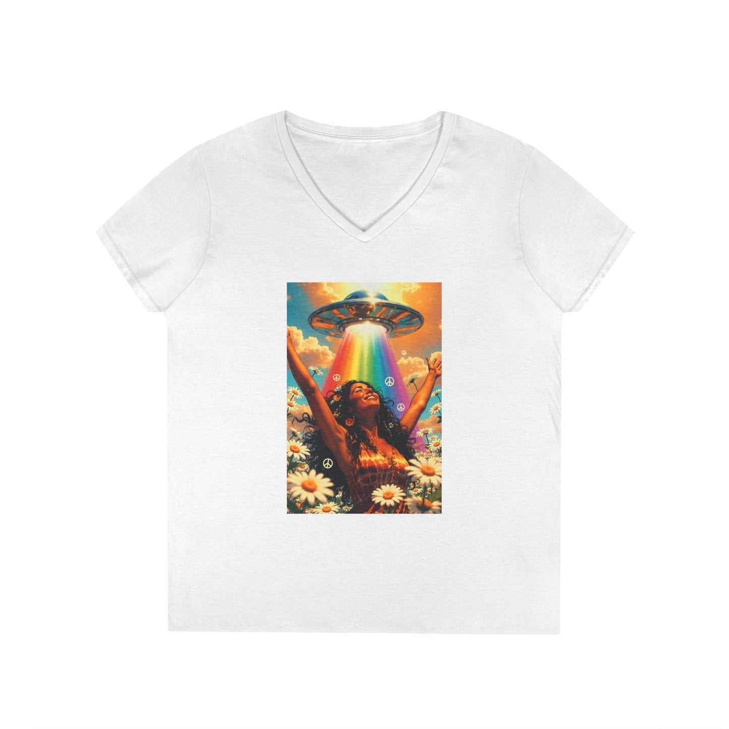 Alien Abduction Hippie Woman V-Neck T-Shirt | UFO Psychedelic Flower Power